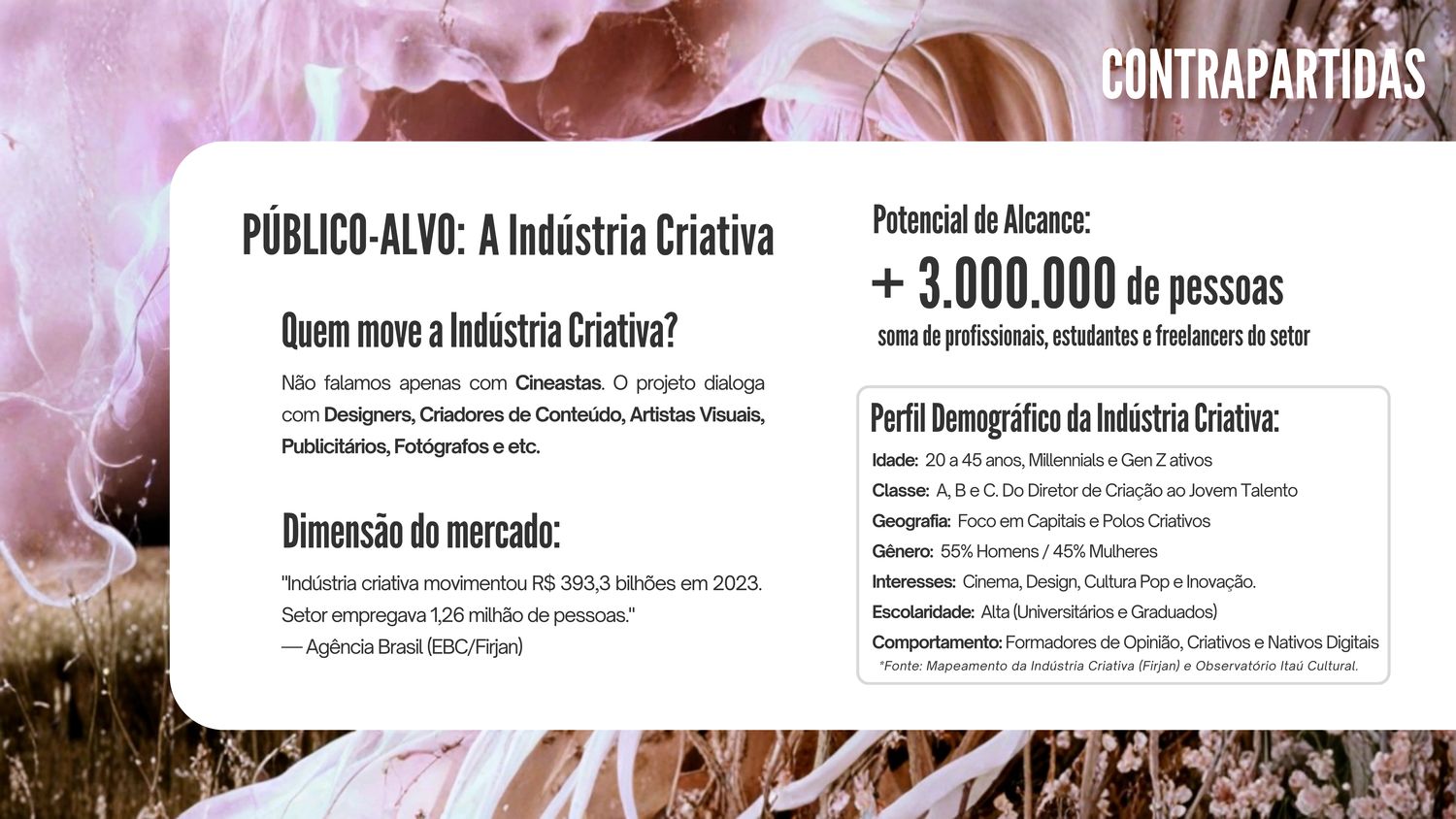 Slide de projeto cultural com dados demográficos, dimensão de mercado e potencial de alcance do público da indústria criativa.