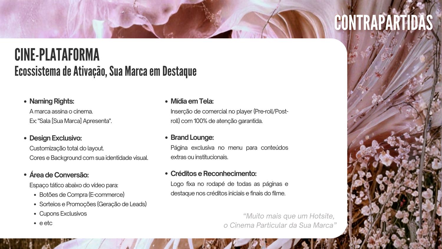 Slide de projeto cultural detalhando contrapartidas e oportunidades de ativação de marca para patrocinadores.